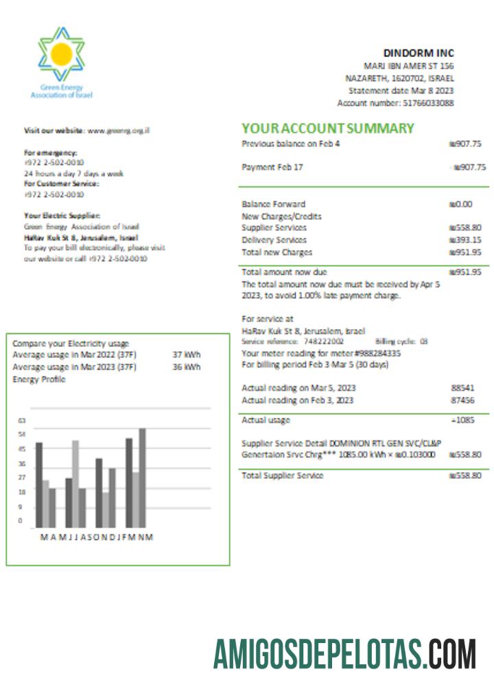Associação de Energia Verde de Israel Projeto de lei de serviços públicos SCR exemplo real